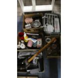 Five Boxes of Kitchenwares, Laundry Baskets, Sledge Hammer and Other Sundries