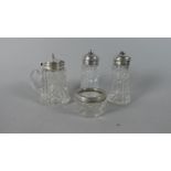 A Collection of Four Silver Topped Glass Cruets, Mustard Hallmarked B'ham 1922