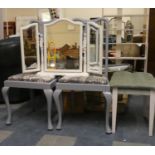 Two Painted Queen Anne Style Dining Chairs a Stool and a Triple Dressing Table Mirror