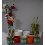 A Collection of Planters Together with Three Cactus Plants and a Vase of Artificial Flowers