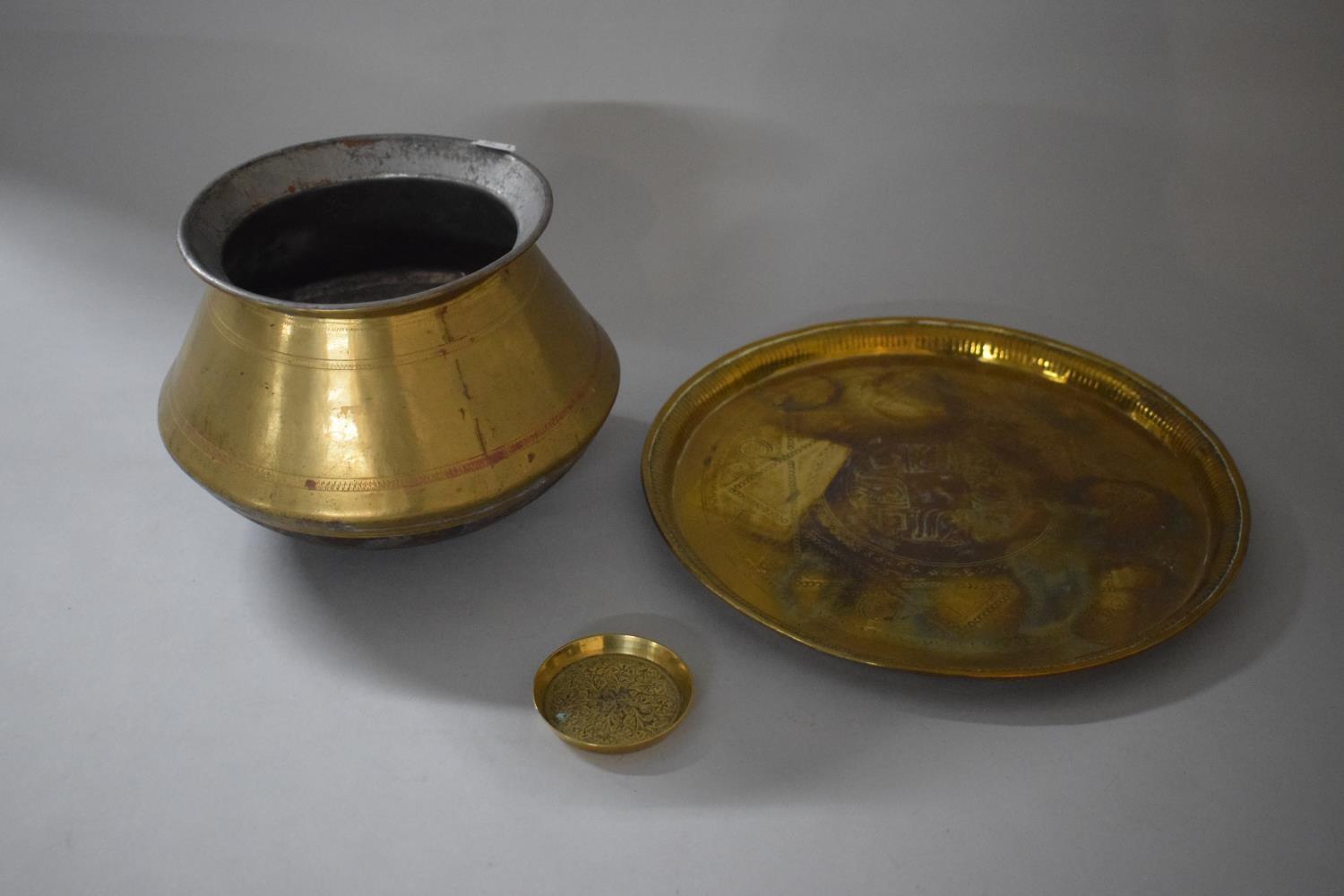 A Collection of North African Items to Include Islamic Cooking Pot, Brass Charger and Small Dish