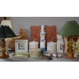 A Collection of Interior Homewares to Include Light House Ornament, Duck, Scatter Cushions, Lamps