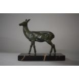 A French Art Deco Spelter Verdigris Patinated Study of a Hind Mounted on Rectangular Marble
