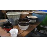 A Collection of Nine Various Glazed Ceramic Patio Planters, the Largest 47cms Diameter