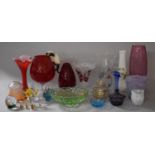 A Collection of Coloured Glassware to Include Amber Glass Shade, Paper Weights, Vases, End of the