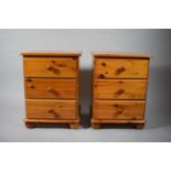 A Pair of Pine, Three Drawer Bedside Chests, 43cms Wide