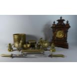 An American Mantel Clock, (Wormed Case) and a Collection of Brass Ornaments Including a Pair of