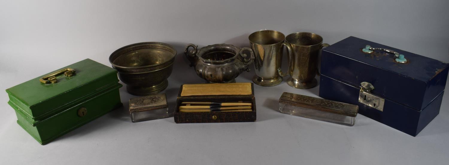 Two Cash Tins, Silver Plated Tankards, Sugar Bowl Etc.