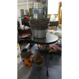 A Circular Metal Garden Table, Hanging Baskets, Planters, Bird Feeder Etc.