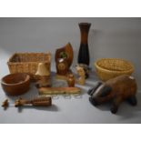A Collection of Treen Items to Include Wooden Pig, Owl Ornaments, Vase, Wooden Bowl, Wicker