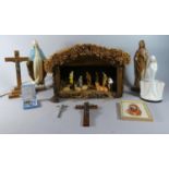 A Christmas Nativity Crib with light, Religious Figures, Crucifix Etc.