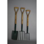 Two Wooden Handled Wilkinson Sword Garden Forks and a Matching Spade