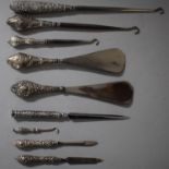 A Collection of Silver and White Metal Mounted Button Hooks, Shoe Horn, Files Etc, Various Hallmarks