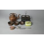 A Collection of Items to Include a Late 19th Century Lacquered Cruet Stand, Metal and Perspex Scroll