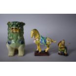 A Chinese Sancai Glazed Temple Dog (af), Chinese Tang Style Horse and a Mud Man, Tallest 10cms High