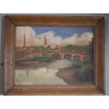 An Oak Framed Naive Oil on Board, 'English Bridge at Shrewsbury', Signed A. Webster, 32 x 24cs