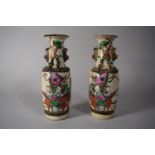 A Pair of Early 20th Century Chinese Nanking Vases in Multicoloured Crackle Glazed Enamels Depicting