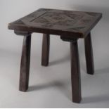 A Small Oak Square Stool with Carved Top, 30cms