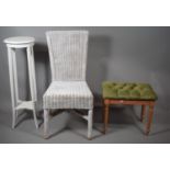 A White Painted Loom Chair a White Painted Jardiniere Stand and a Dressing Table Stool