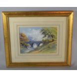 A Gilt Framed Gouache of Figure on Bridge Signed Tony Blackwell '89, 22 x 16.5cms