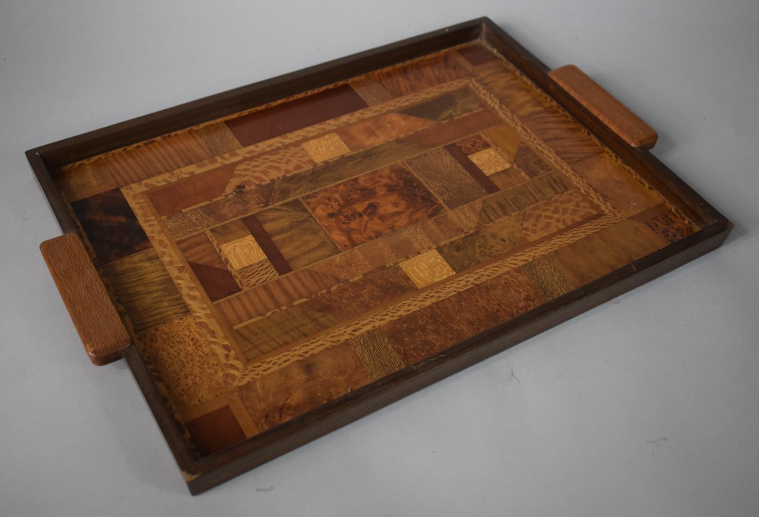 An Art Deco Specimen Wood Inlaid Rectangular Drinks Tray, 45x33cms