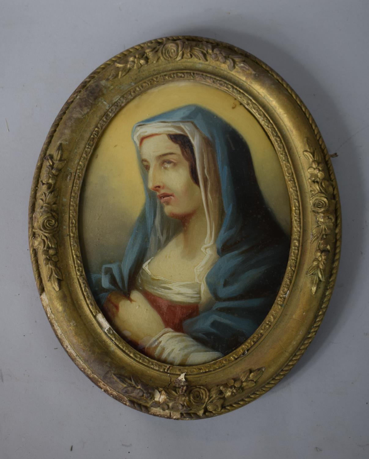 A 19th Century Gilt Framed Oval Catholic Painting under Glass Depicting 'Our Lady of Sorrows', 34