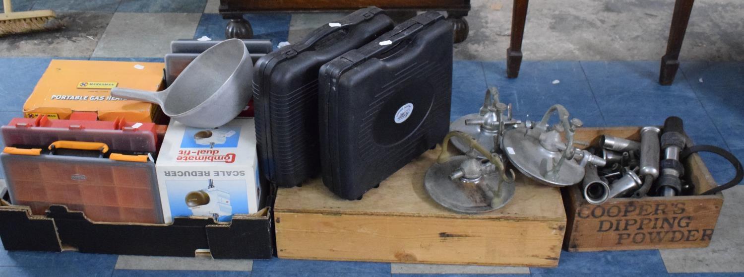 A Box of Dairy Cluster Parts, Screw Boxes, Two Portable Gas Stoves, Scales, Shoe Last Etc.