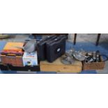 A Box of Dairy Cluster Parts, Screw Boxes, Two Portable Gas Stoves, Scales, Shoe Last Etc.