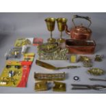 A Box of Copper and Brass to Include Copper Kettle, Brass Teapot Stand, Goblets, Ornaments, Canada