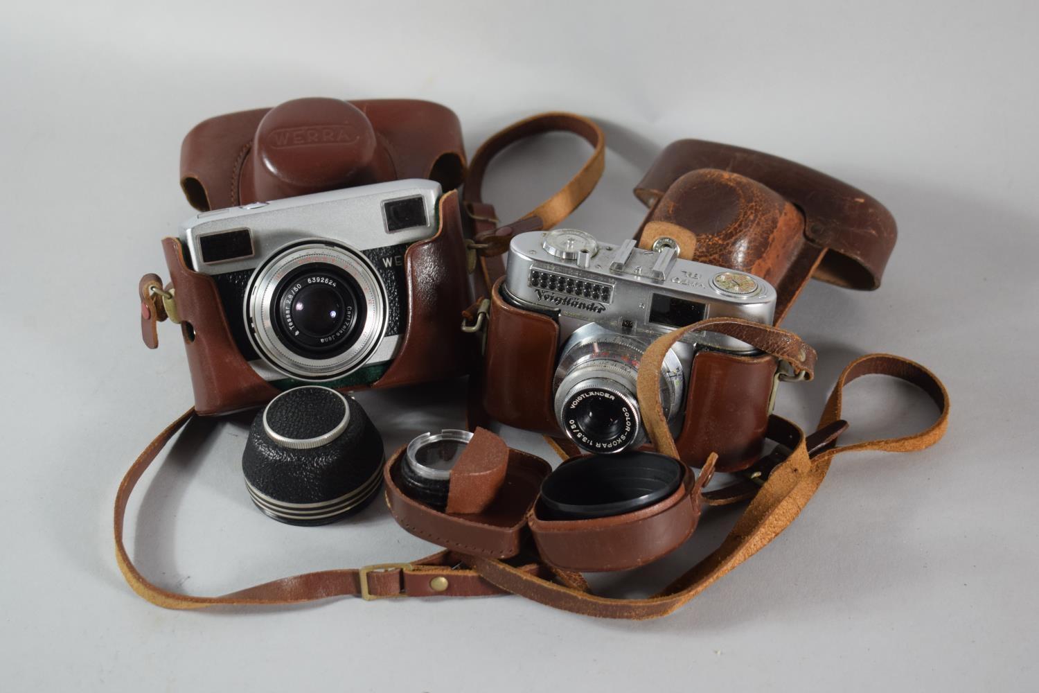 A Vintage Leather Cased Camera by Werra with Carl Zeiss Jena Lens Together with a Voigtlander with