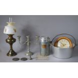 A Collection of Metal Wares to Include Candelabra, Oil Lamp, Toastrack, Jam Pan, Together with