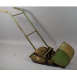 A Vintage Green Painted Push Mower, Wooden Handles 42cms Wide