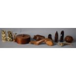 A Collection of Treen to Include Lidded Pots, Ornaments, Resin Indian Figures