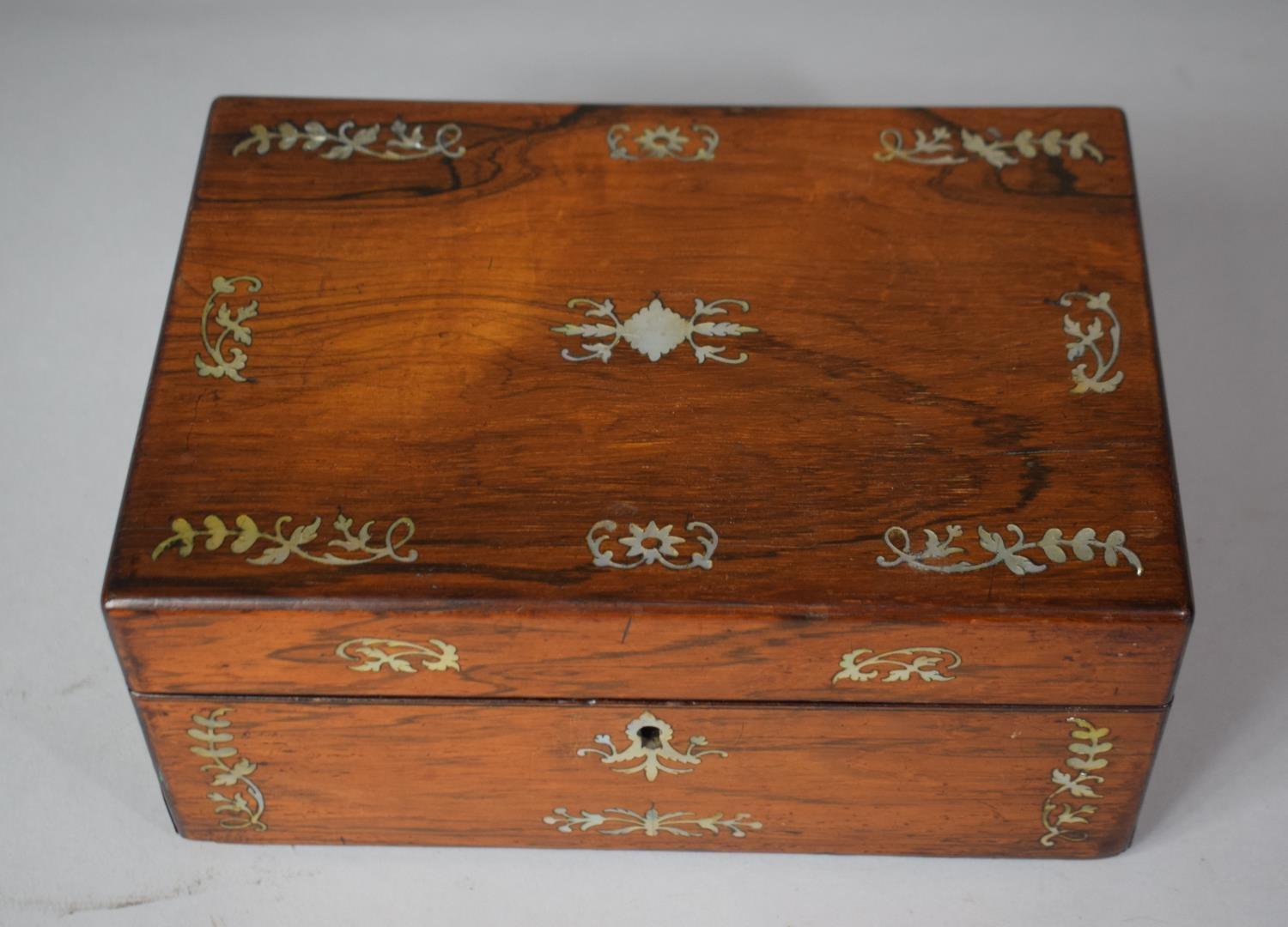 A 19th Century Rosewood Workbox with Mother of Pearl Inlay, Missing Removable Tray and in Need of - Image 4 of 5