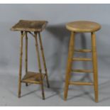A Bamboo Two Tier Plant Stand with Square Top, 77cms High Together with a Bar Stool