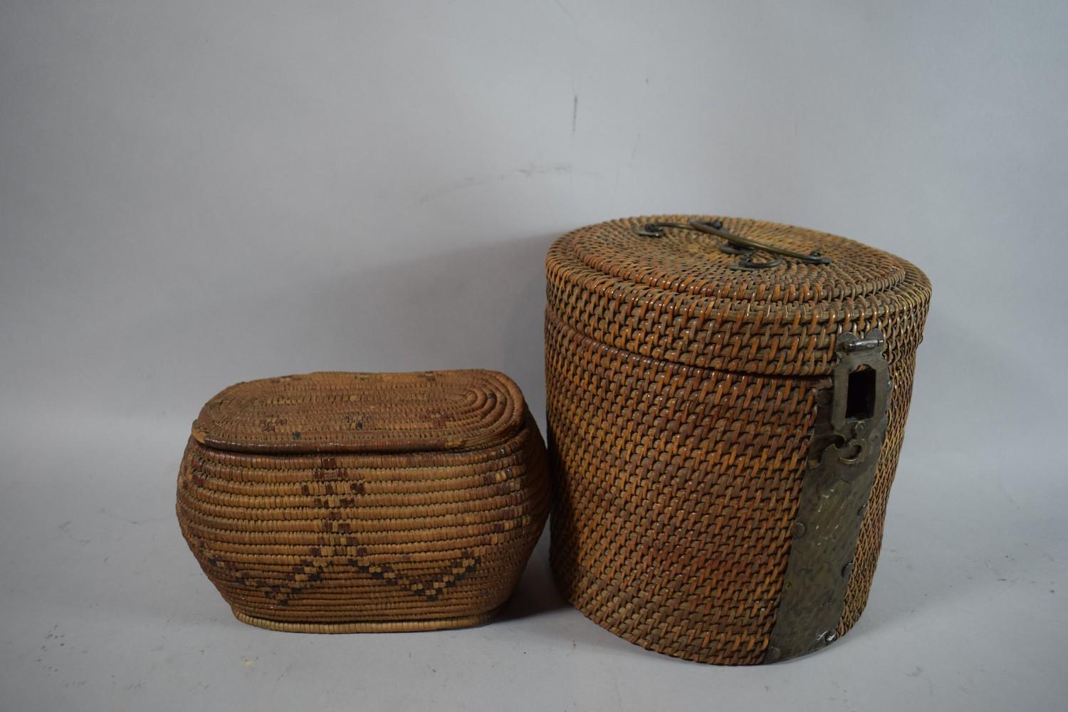 An Oriental Cane Work Tea Pot Carrier and a Woven Lidded Box