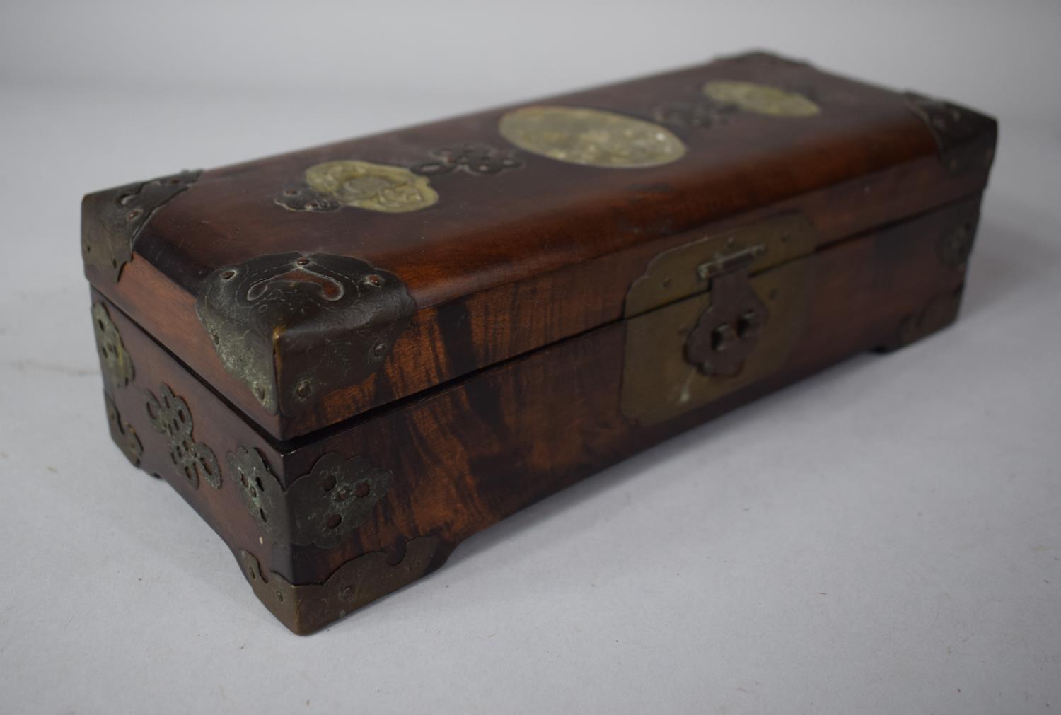 An Oriental Brass Banded and Jadeite Inlaid Teak Rectangular Jewellery Box with Fitted Interior,