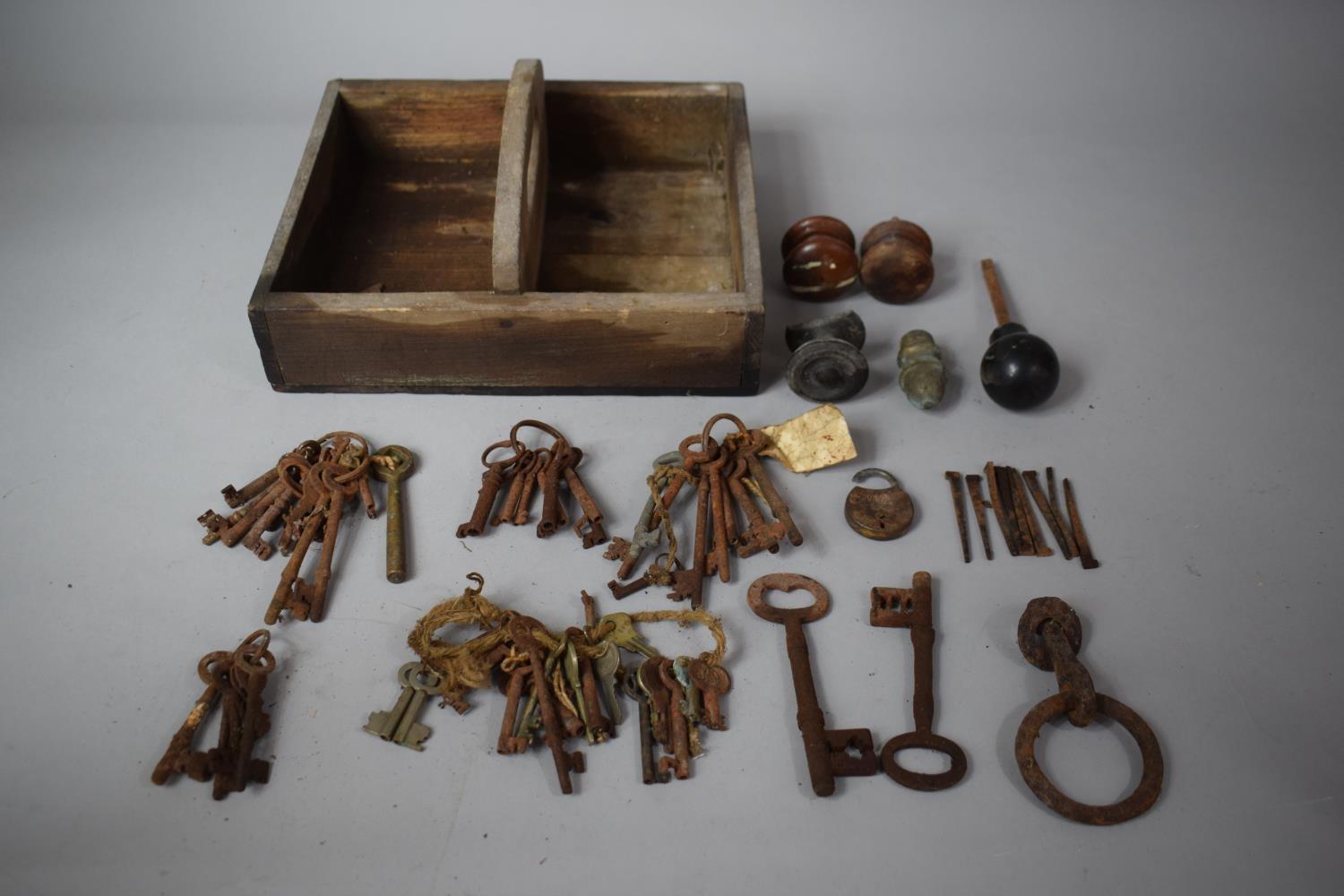 A Two Division Wooden Tray with Carry Handle Containing Keys, Door Knobs Etc. - Image 2 of 2