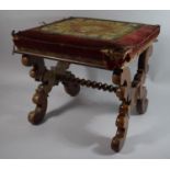 A 19th Century Mahogany X Framed Tapestry Topped Stool, 44cms Square, One Leg Glued