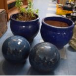 Two Blue Glazed Planters Together with Two Blue Glazed Spherical Garden Ornaments