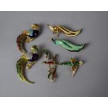 A Collection of Six Enamelled and Gilt Metal Exotic Bird Brooches