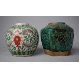 A Famille Verte Chinese Ginger Jar with Vine and Floral Decoration Together with a Green Glazed