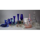 A Collection of Mixed Glassware to Include Good Quality Decanter, Blue Glassware, Opaline Glass Etc.