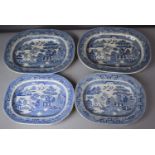 Two Pairs of 19th Century Blue and White Willow Pattern Meat Plates