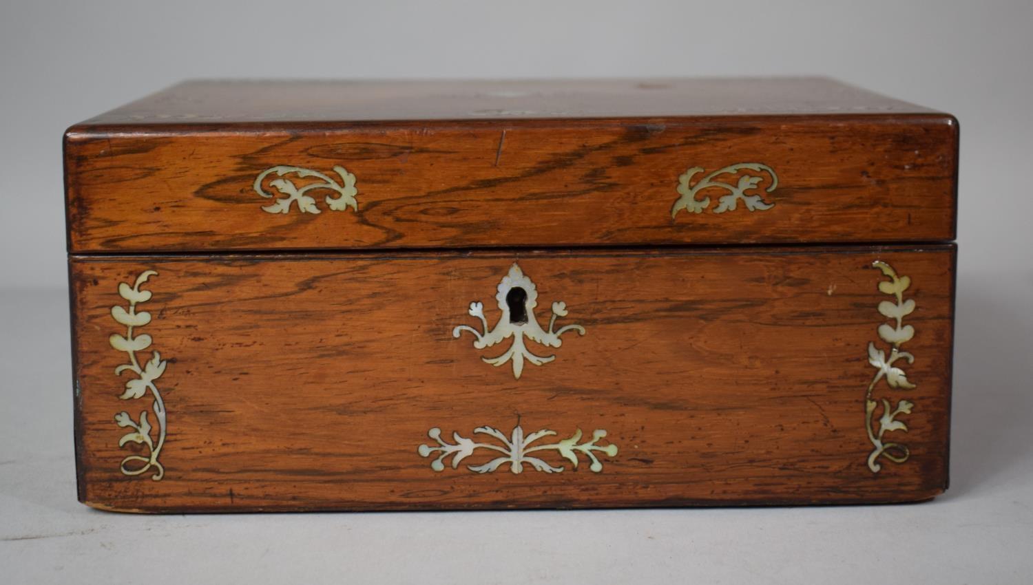 A 19th Century Rosewood Workbox with Mother of Pearl Inlay, Missing Removable Tray and in Need of - Image 3 of 5