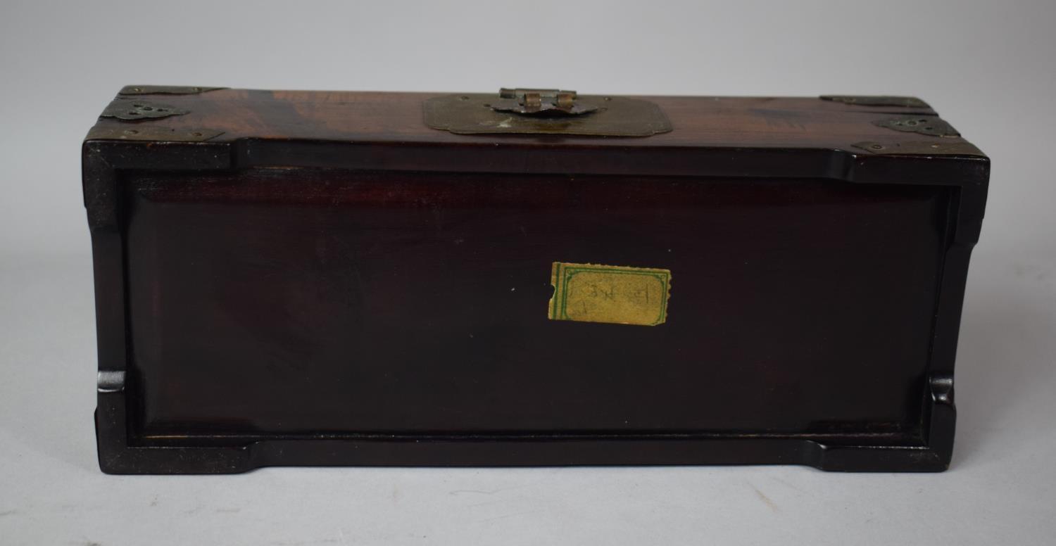 An Oriental Brass Banded and Jadeite Inlaid Teak Rectangular Jewellery Box with Fitted Interior, - Image 6 of 6