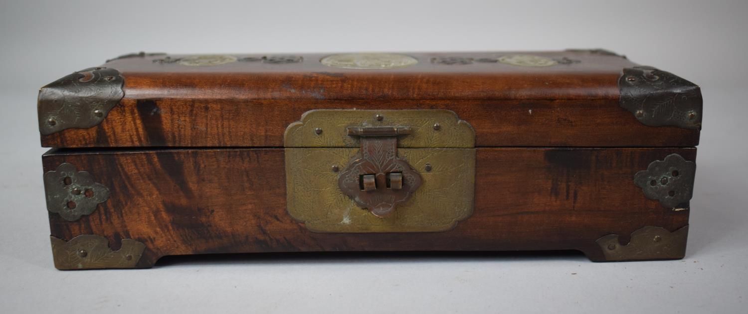An Oriental Brass Banded and Jadeite Inlaid Teak Rectangular Jewellery Box with Fitted Interior, - Image 3 of 6
