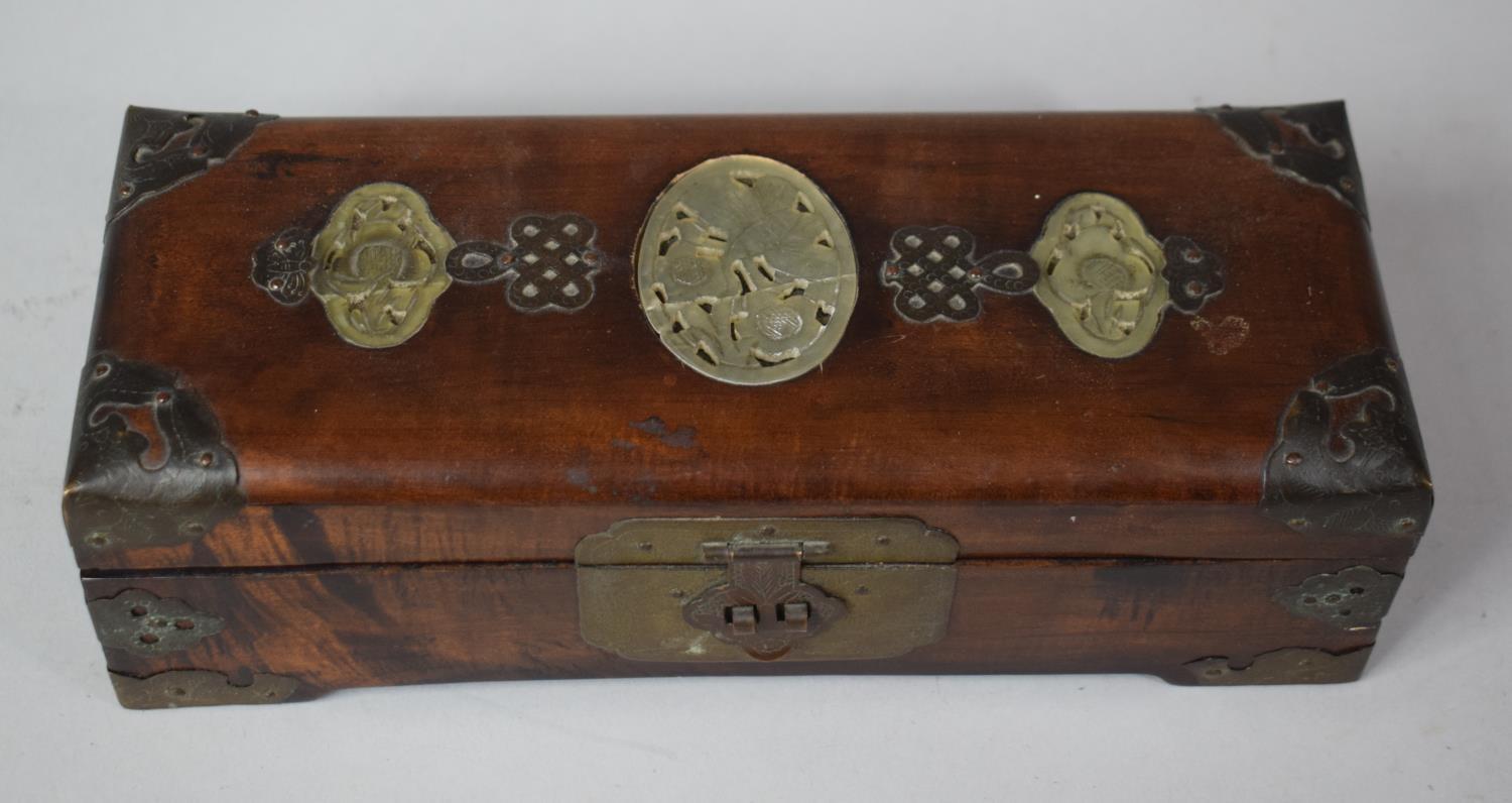 An Oriental Brass Banded and Jadeite Inlaid Teak Rectangular Jewellery Box with Fitted Interior, - Image 4 of 6