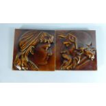 A Pair of Maw & Co. Treacle Glazed Portrait Tiles, 6" Square