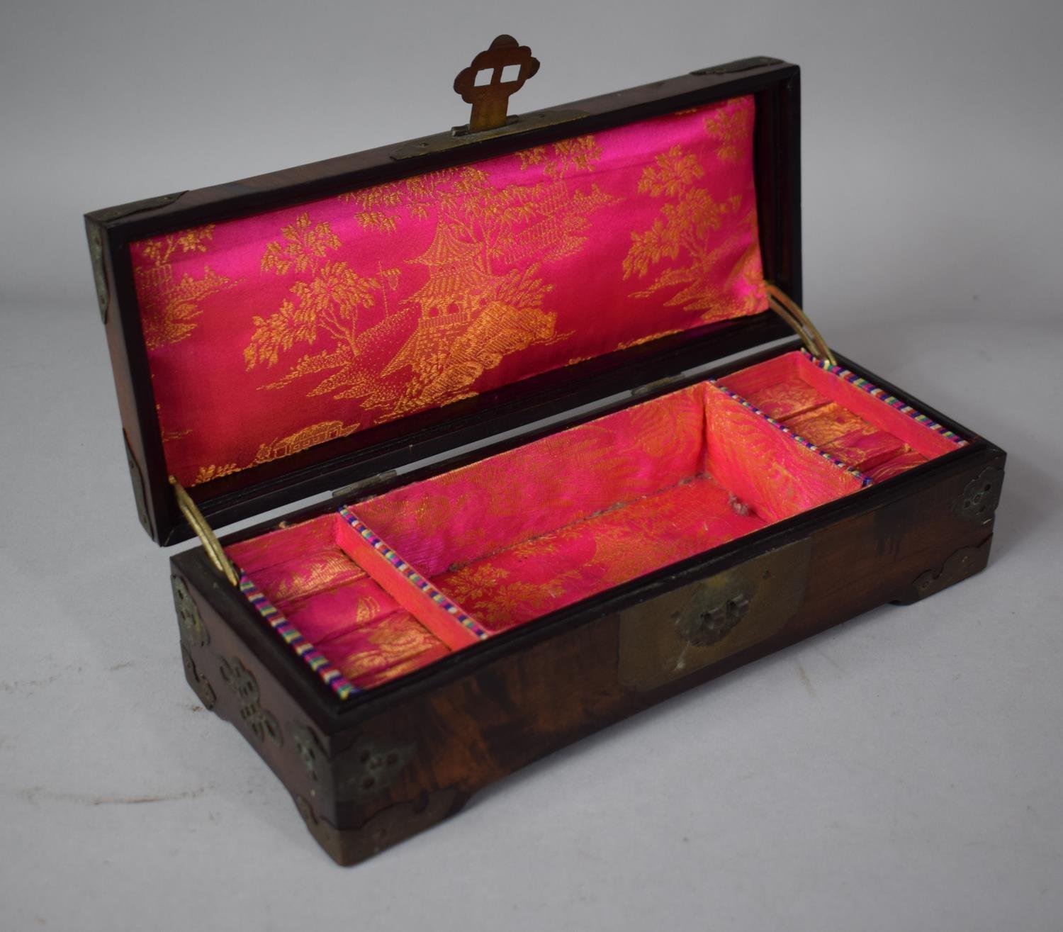 An Oriental Brass Banded and Jadeite Inlaid Teak Rectangular Jewellery Box with Fitted Interior, - Image 5 of 6